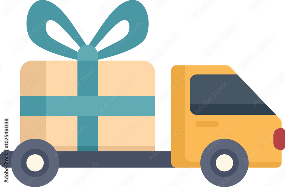 Delivery truck is carrying a big gift box with a ribbon, representing online shopping and delivery services Delivery truck is carrying a big gift box with a ribbon, representing online shopping and delivery services