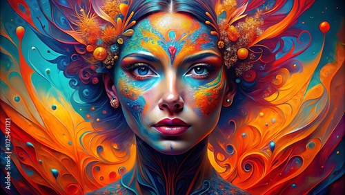 A vibrant portrait of a woman adorned in a mesmerizing mosaic of colors, her gaze captivating and enigmatic, surrounded by a swirling symphony of abstract shapes and textures.