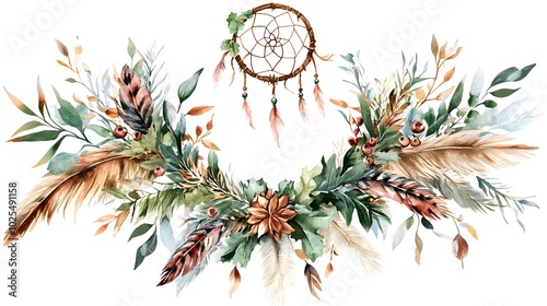 An artistic boho Christmas wreath clipart with a dreamcatcher, featuring watercolor elements such as feathers, greenery, and earthy-colored decorations, isolated on a clean white background. 