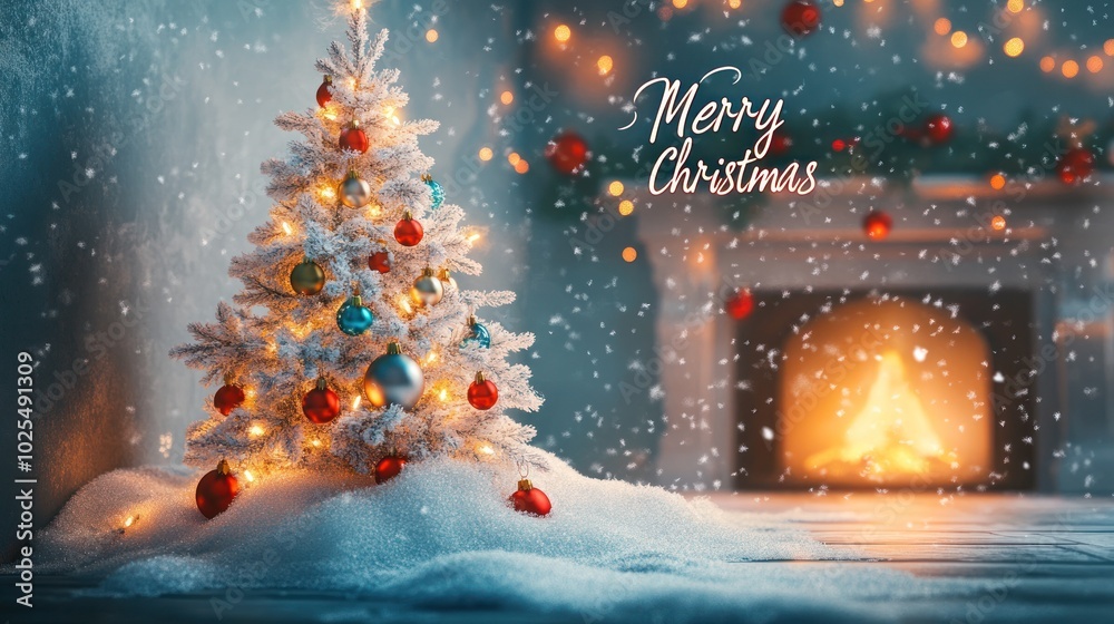 A cozy winter scene featuring a small snow-covered Christmas tree adorned with colorful ornaments, placed in front of a softly glowing fireplace. A cozy winter scene featuring a small snow-covered Christmas tree adorned with colorful ornaments, placed in front of a softly glowing fireplace.