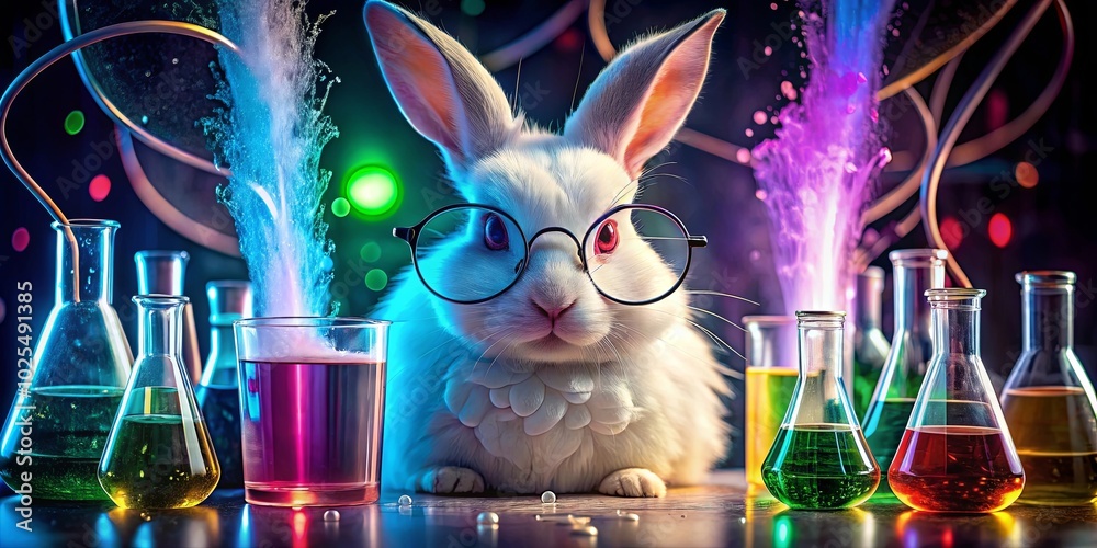 A curious bunny wearing spectacles observes a fascinating display of colorful chemical reactions in a whimsical laboratory setting. A curious bunny wearing spectacles observes a fascinating display of colorful chemical reactions in a whimsical laboratory setting.