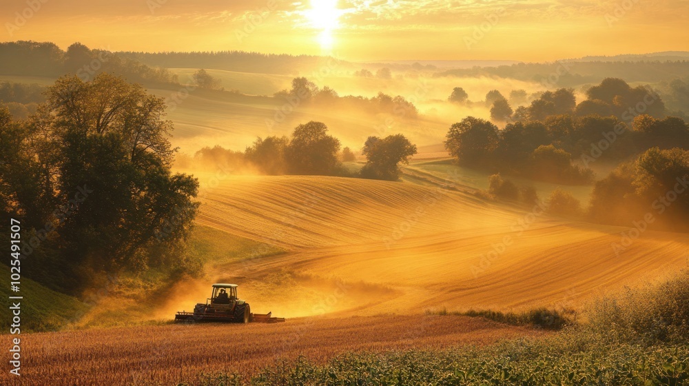 Fototapeta premium A farmer plowing a vast farmland with a tractor, surrounded by crops and trees, during sunrise.
