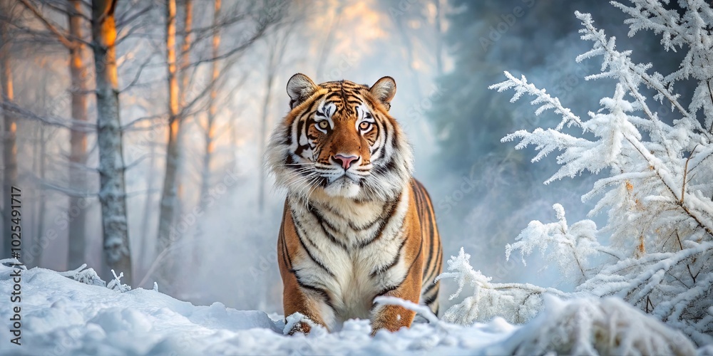 Obraz premium A Majestic Tiger Stands Tall Amidst a Frosty Winter Landscape, Its Fur Gleaming Under the Soft Light of the Rising Sun
