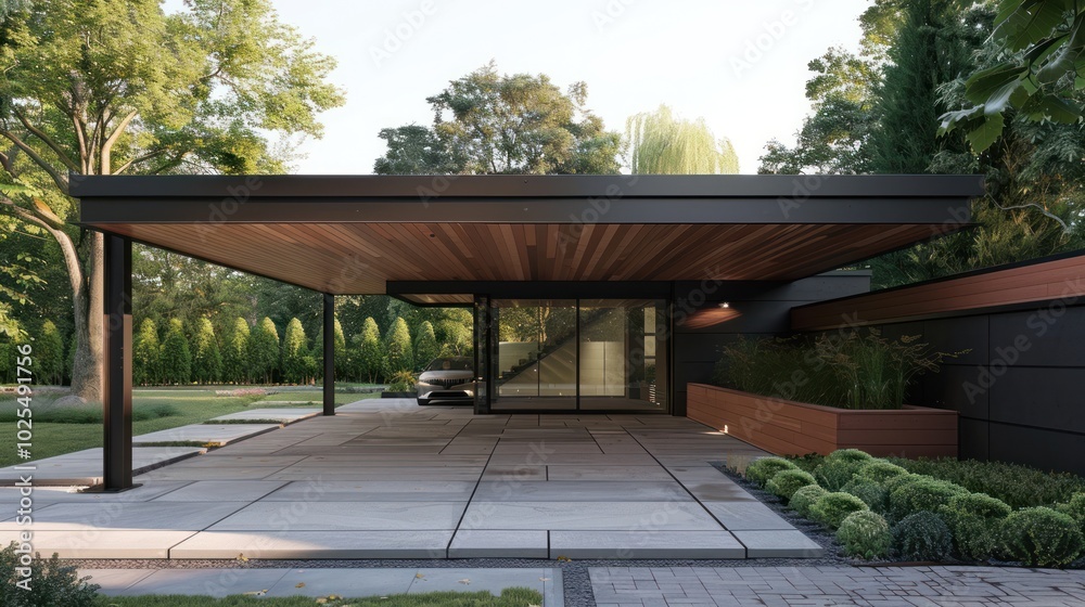 Modern Carport with Wooden Ceiling and Greenery Modern Carport with Wooden Ceiling and Greenery