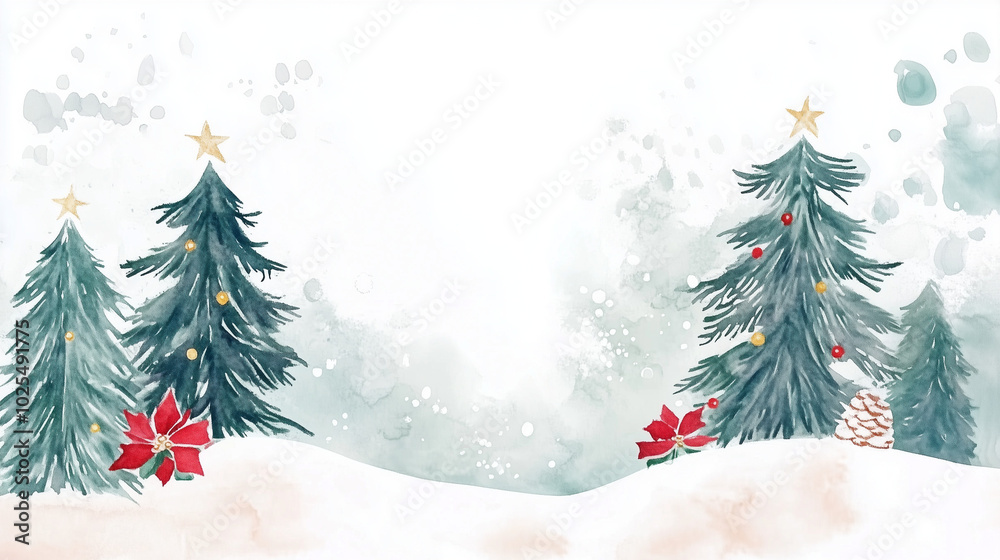 This artwork features vibrant pine trees adorned with colorful ornaments and festive flowers set against a soft, snowy backdrop, creating a joyful winter atmosphere, copy space This artwork features vibrant pine trees adorned with colorful ornaments and festive flowers set against a soft, snowy backdrop, creating a joyful winter atmosphere, copy space