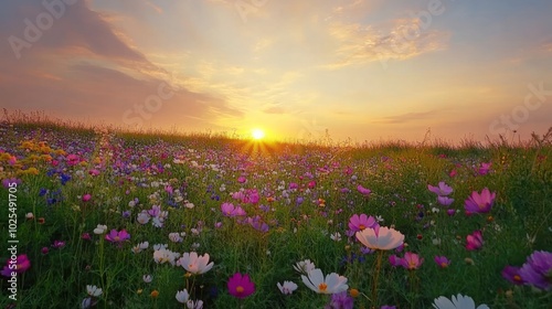 A field of colorful wildflowers, with shades of pink, purple, and white, stretching into the horizon under a warm golden sunset
