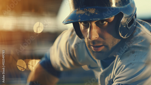 Close-up of professional baseball player in uniform, intense expression as he prepares to throw the ball during a high-stakes playoff game, capturing the focus and determination of the athlete. photo