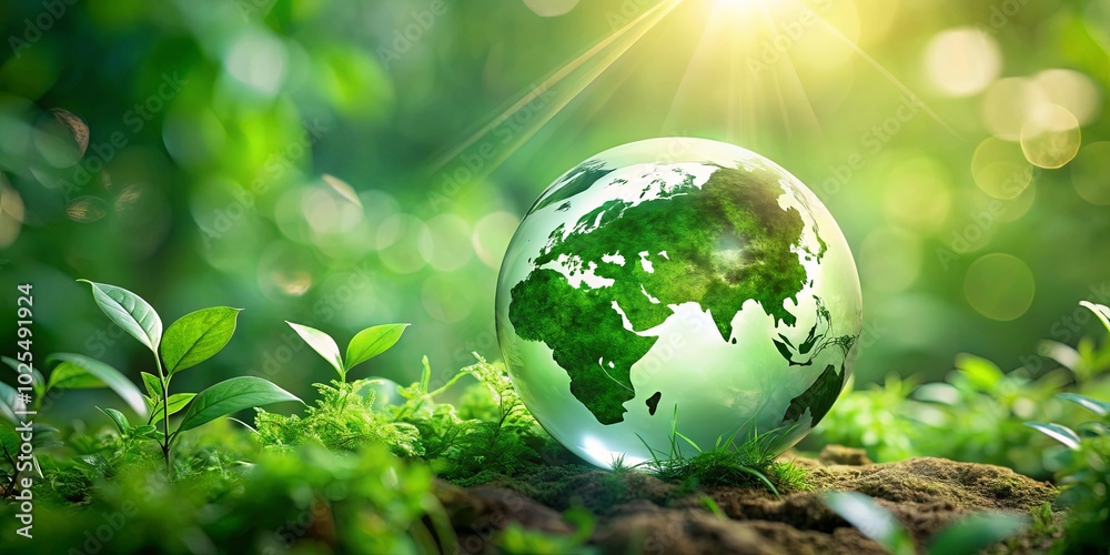 A Glass Globe Representing a Lush and Vibrant Earth Nestled Amidst a Carpet of Green Foliage, Basking in the Warm Glow of the Sun A Glass Globe Representing a Lush and Vibrant Earth Nestled Amidst a Carpet of Green Foliage, Basking in the Warm Glow of the Sun