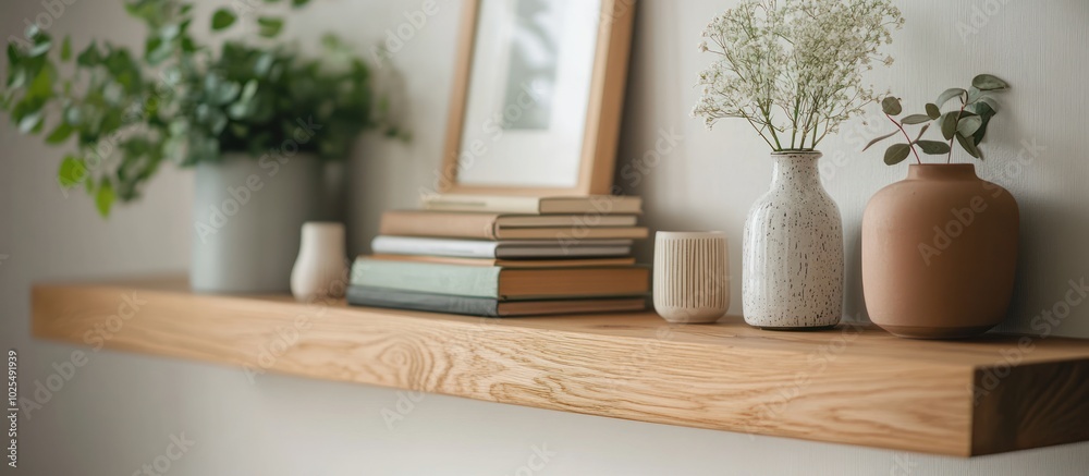 A wooden shelf with potted plants, books, and vases. A wooden shelf with potted plants, books, and vases.