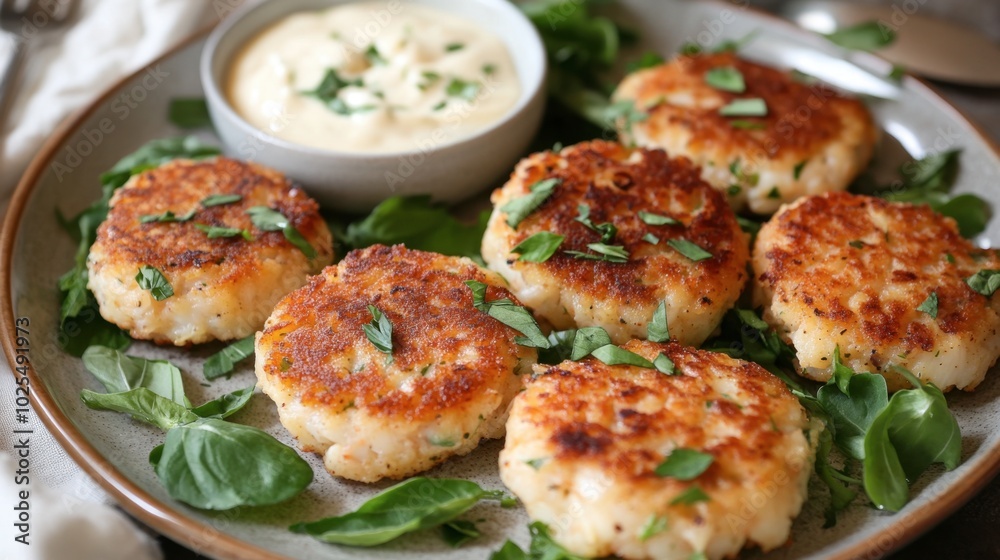 Crispy Fish Cakes with Herbal Garnish and Sauce Crispy Fish Cakes with Herbal Garnish and Sauce