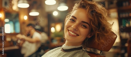 A woman with curly hair smiles at the camera while sitting in a barber chair.