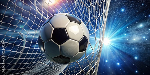 A soccer ball sails into the net, captured in a moment of triumph, against a backdrop of shimmering stars and a dazzling light burst.