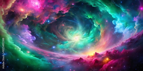 A swirling nebula of cosmic dust and gas, a celestial canvas painted with hues of magenta, emerald, and sapphire, a symphony of celestial light and darkness