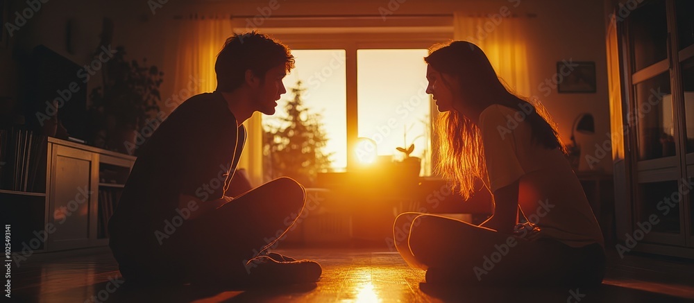 A young couple sits on the floor in front of a window, facing each other, silhouetted against a bright sunset. A young couple sits on the floor in front of a window, facing each other, silhouetted against a bright sunset.