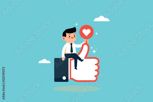 A sitting businessman gives a thumbs up while holding a love sign