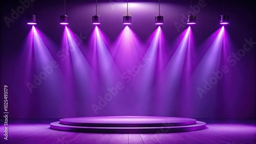 Minimalist stage spotlights with purple serenity and smoke photo