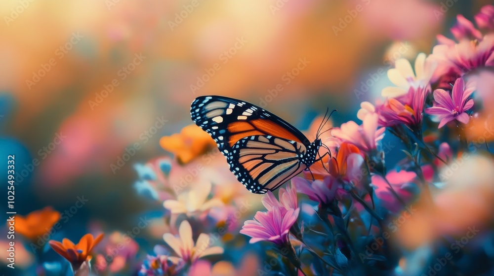 Colorful Butterfly on Vibrant Flower Garden Colorful Butterfly on Vibrant Flower Garden