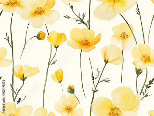 Watercolor-style pattern featuring bright yellow buttercup flowers with delicate green stems on a light background. photo