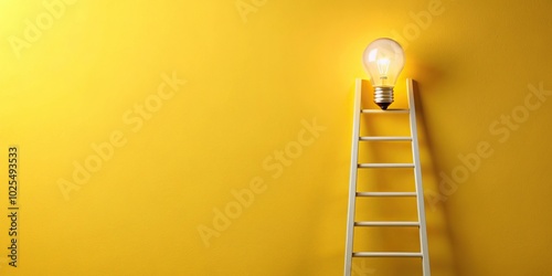 Minimalist stock photo of light bulb climbing ladder on yellow background