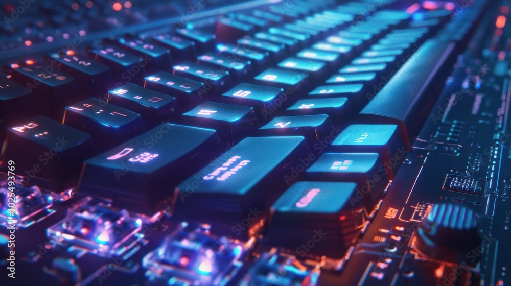 Obraz premium Close-up of a Blue and Red Illuminated Gaming Keyboard