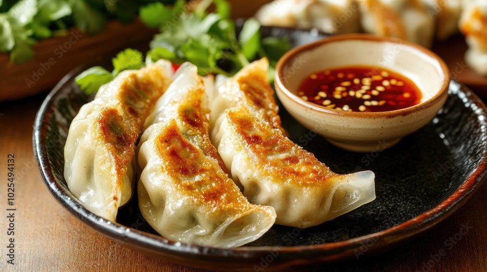 Delicious Dumplings with Dipping Sauce on a Plate Delicious Dumplings with Dipping Sauce on a Plate