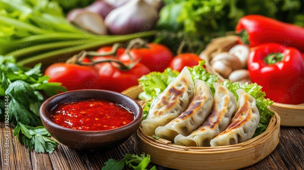 Fresh Dumplings with Sauce and Colorful Vegetables Fresh Dumplings with Sauce and Colorful Vegetables