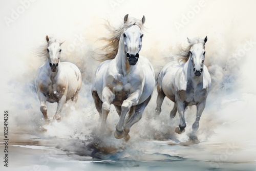 Majestic white horses galloping through soft clouds of dust, embodying grace and power in a dreamy landscape.