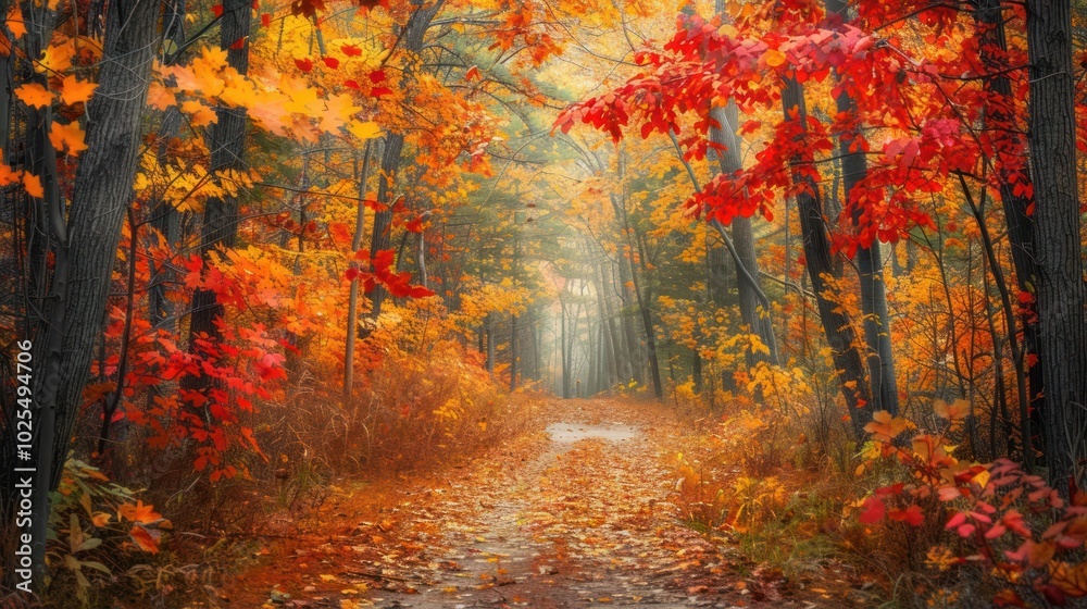 Fototapeta premium A Forest Path Lined with Vibrant Autumn Foliage