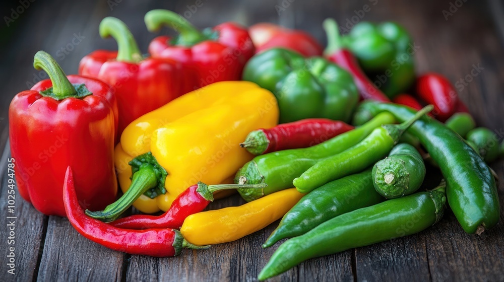 A vibrant assortment of fresh vegetables displayed on a wooden table, featuring bright red, yellow, and green bell peppers alongside crisp green peppers and various types of chilies. A vibrant assortment of fresh vegetables displayed on a wooden table, featuring bright red, yellow, and green bell peppers alongside crisp green peppers and various types of chilies.