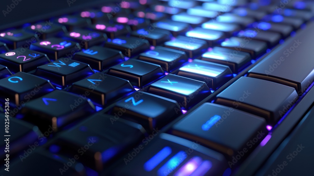 Close-up of a Blue and Purple Backlit Keyboard