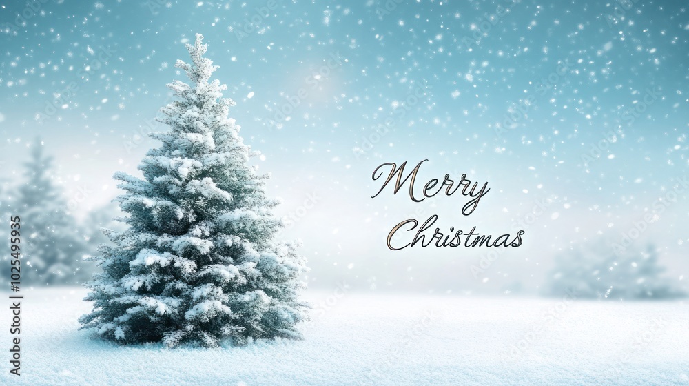 An artistic depiction of a small Christmas tree covered in fresh snow, standing proudly in a snowy landscape. 