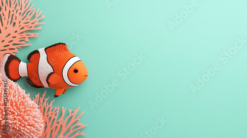 A vibrant clownfish swimming near colorful coral on a mint green background, showcasing the beauty of marine life and underwater ecosystems. photo