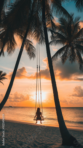 Tropical Beach Swing at Sunset with Palm Trees