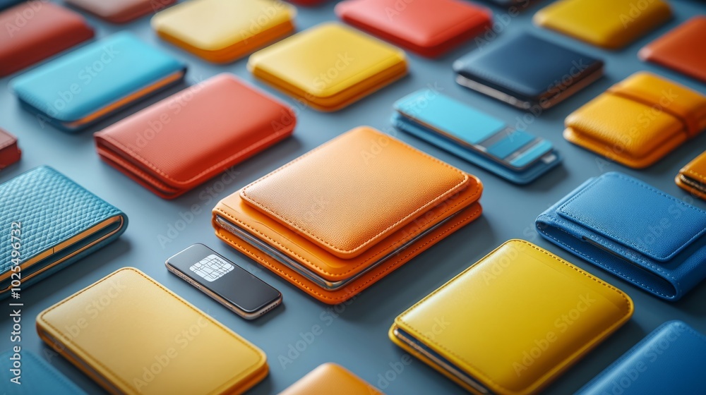 A vibrant arrangement of wallets in various colors and styles, showcasing design and functionality. A vibrant arrangement of wallets in various colors and styles, showcasing design and functionality.