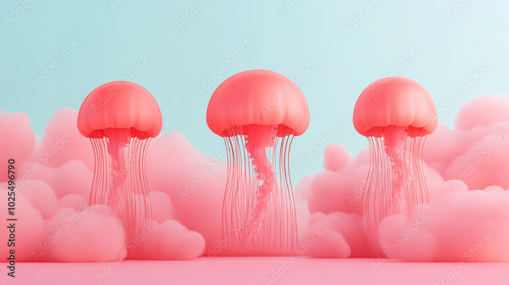 Three vibrant pink jellyfish gracefully swim amidst fluffy pastel clouds, showcasing the beauty of marine life in an imaginative and surreal setting. Three vibrant pink jellyfish gracefully swim amidst fluffy pastel clouds, showcasing the beauty of marine life in an imaginative and surreal setting.