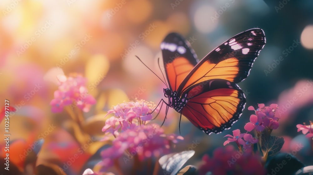 Colorful Butterfly on Bright Flowers in Nature Scene Colorful Butterfly on Bright Flowers in Nature Scene