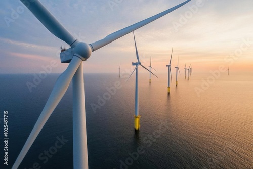 A large offshore wind energy farm at dusk, the turbines turning in unison as the ocean reflects the last rays of sunlight