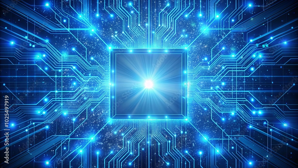 A glowing central processor unit within a vast network of illuminated digital pathways A glowing central processor unit within a vast network of illuminated digital pathways