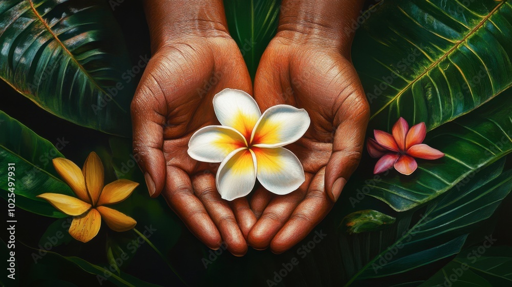 Hands Holding Flower Among Tropical Leaves Hands Holding Flower Among Tropical Leaves