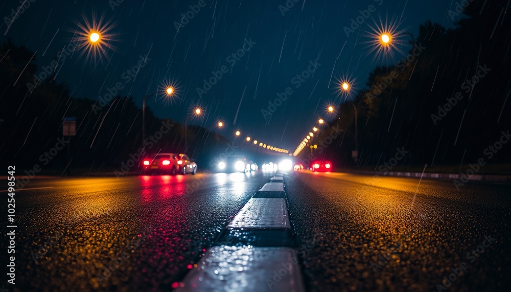 Fototapeta premium Flash of car lights on the asphalt with a night atmosphere after the rain
