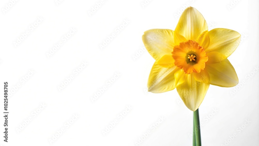 Fototapeta premium daffodil flower on white backdrop with copy space, wide-angle