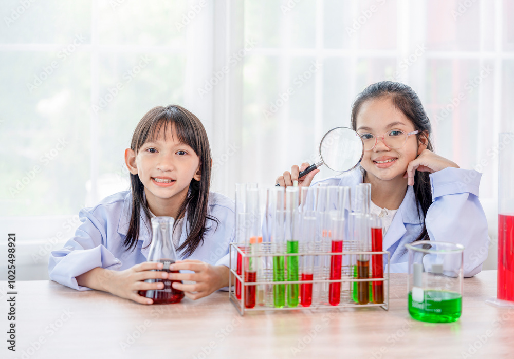 portrait cute school girls in lab coat enjoy learning science in the classroom,elementary students working in lab workshop portrait cute school girls in lab coat enjoy learning science in the classroom,elementary students working in lab workshop