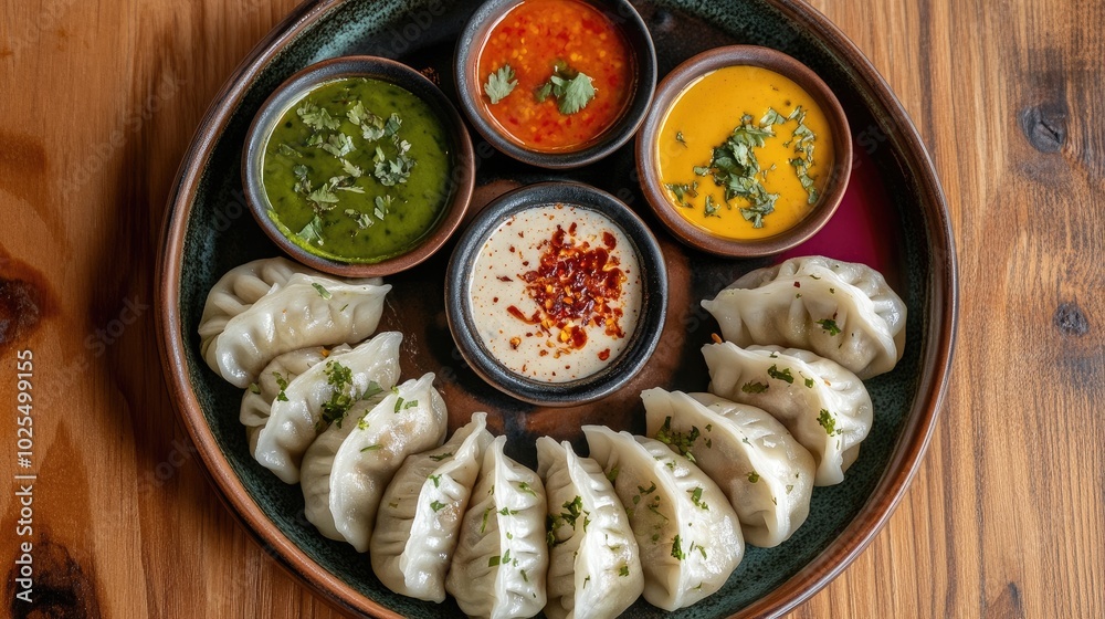 Delicious Platter of Dumplings with Colorful Dips Delicious Platter of Dumplings with Colorful Dips