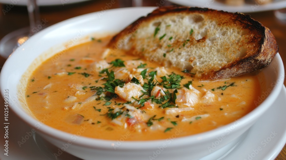 Creamy Seafood Soup with Toasted Bread Slice Creamy Seafood Soup with Toasted Bread Slice