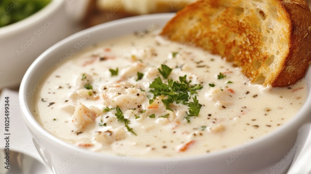 Creamy Soup with Fresh Herbs and Toasted Bread Slice Creamy Soup with Fresh Herbs and Toasted Bread Slice