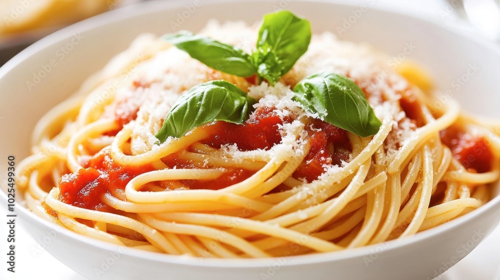 Classic Spaghetti with Tomato Sauce and Basil Leaves Classic Spaghetti with Tomato Sauce and Basil Leaves