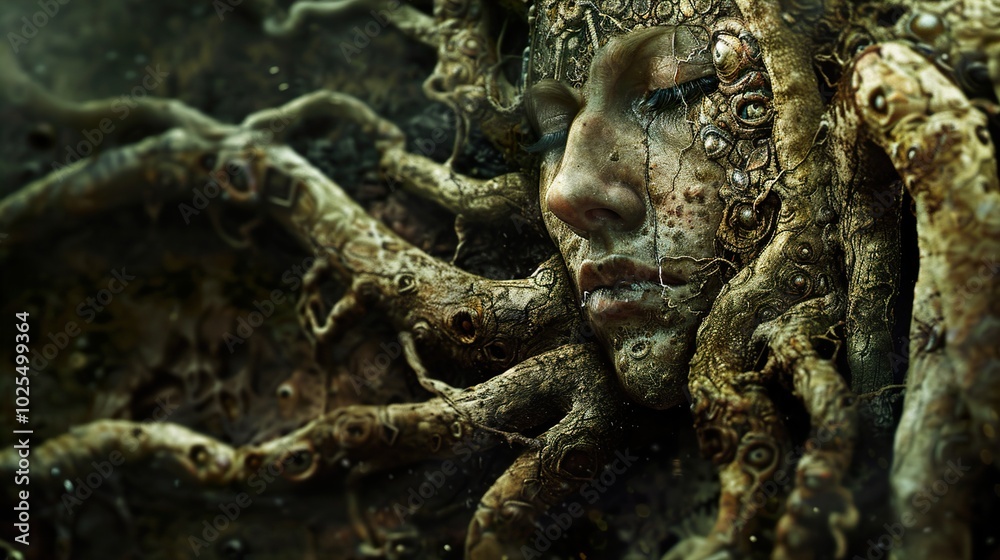 Surreal Tree Roots Encasing a Face: A Dreamlike Vision Surreal Tree Roots Encasing a Face: A Dreamlike Vision