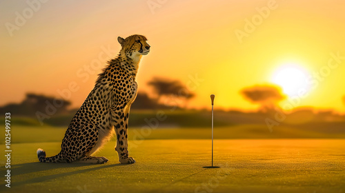 A majestic cheetah stands alone on a lush golf green silhouetted against a breathtaking African sunset  The predator s powerful form contrasts with the serene tranquil landscape