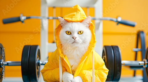 Adorable and humorous image of a white cat wearing a yellow fashionable uniform acting as a trainer in a gym setting with various sports equipment such as barbells and weights