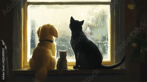 Pets Watching Rain Outside Window